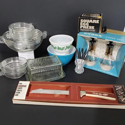 LOT 112: Vintage Kitchen; Pyrex, Louella Butter Dish, and More