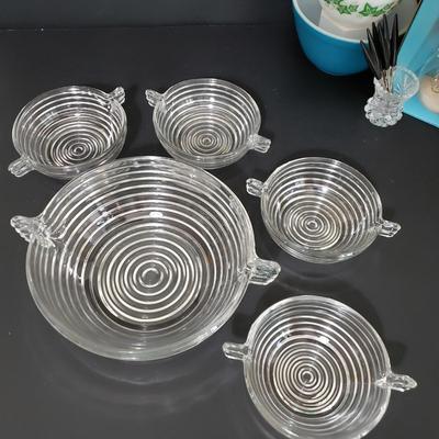 LOT 112: Vintage Kitchen; Pyrex, Louella Butter Dish, and More
