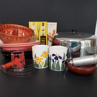 LOT 113: Vintage Kitchen; Pyrex Desert Dawn, Chrome Cake Box, Cookbooks, Bundt Pan, and More
