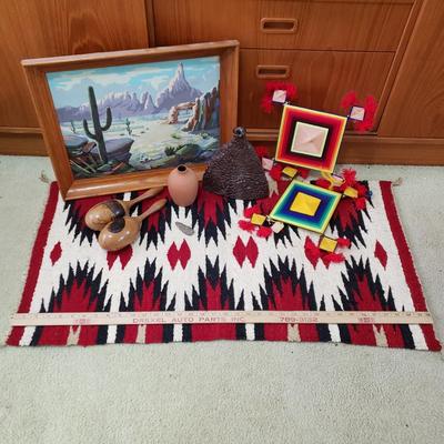 LOT 119: Collection of Southwestern Decor; Woven Rug, Ceramics, Cactus Art, Arrowhead, and More