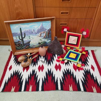 LOT 119: Collection of Southwestern Decor; Woven Rug, Ceramics, Cactus Art, Arrowhead, and More