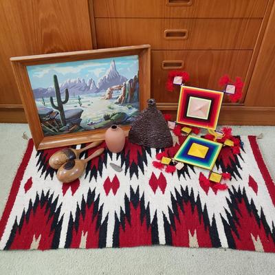 LOT 119: Collection of Southwestern Decor; Woven Rug, Ceramics, Cactus Art, Arrowhead, and More