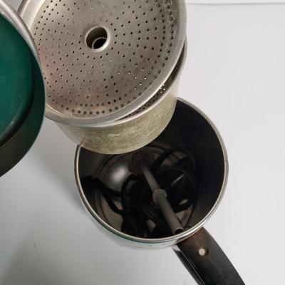 LOT 126: Kitchen Collection: Corning Ware, Farberware, Apple Peeling Machine, Coffee Pots & More