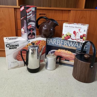 LOT 126: Kitchen Collection: Corning Ware, Farberware, Apple Peeling Machine, Coffee Pots & More