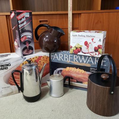 LOT 126: Kitchen Collection: Corning Ware, Farberware, Apple Peeling Machine, Coffee Pots & More