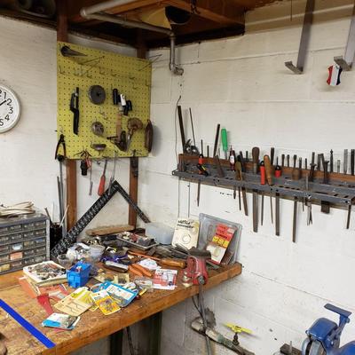 LOT 130: Basement Tool Bench Clean Out including Vise