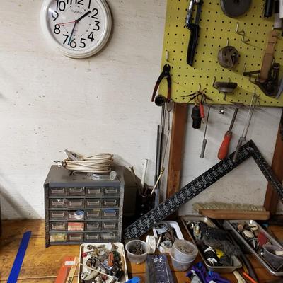 LOT 130: Basement Tool Bench Clean Out including Vise