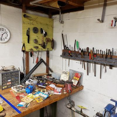 LOT 130: Basement Tool Bench Clean Out including Vise