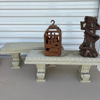 2 small benches and yard art