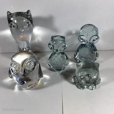 Lot of Five Mid Century Modern Leaded Glass Owls