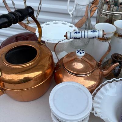 Copper and kitchen plus tote full of kitchen/misc