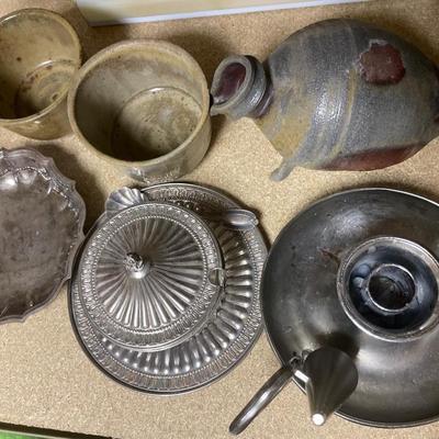 Pottery and silver tone items