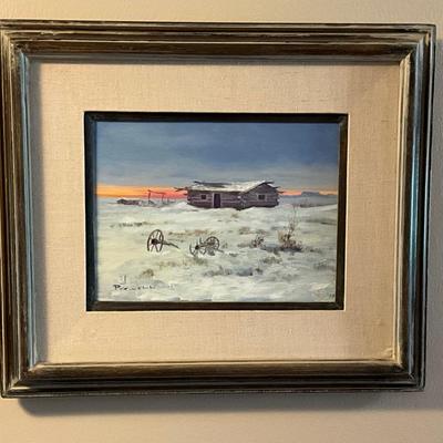 Original Powel painting log cabin snow scene