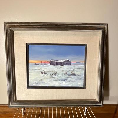 Original Powel painting log cabin snow scene