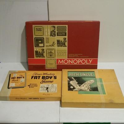 3 Vintage Board Games Monopoly, Elmer Wheeler's Fat Boys, Game of Rich Uncle