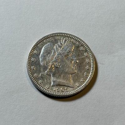 1909-D AU DETAILS CONDITION/CLEANED BARBER SILVER QUARTER DOLLAR AS PICTURED.