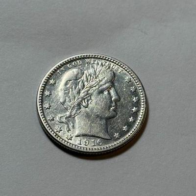 1916-D AU DETAILS CONDITION/CLEANED BARBER SILVER QUARTER DOLLAR AS PICTURED.