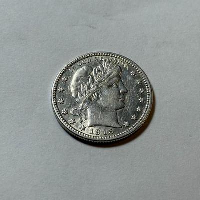 1915-D AU DETAILS CONDITION/CLEANED BARBER SILVER QUARTER DOLLAR AS PICTURED.