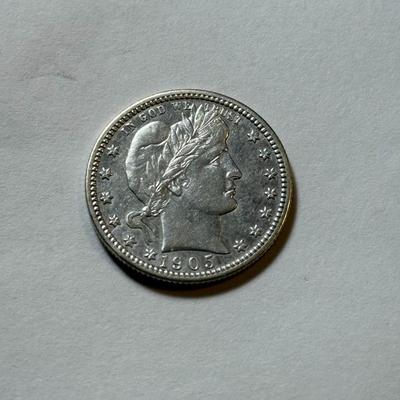 1905-P AU DETAILS CONDITION/CLEANED BARBER SILVER QUARTER DOLLAR AS PICTURED.