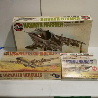 Lot of 4 Airplane Model kits , Kitty Hawk, Lockheed Hercules, Hawker Harrier, Dassault Mirage
