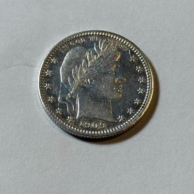 1909-P AU DETAILS CONDITION/CLEANED BARBER SILVER QUARTER DOLLAR AS PICTURED.