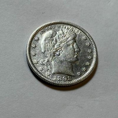 1898-P AU DETAILS CONDITION/CLEANED BARBER SILVER QUARTER DOLLAR AS PICTURED.