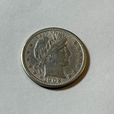 1902-P AU DETAILS CONDITION/CLEANED BARBER SILVER QUARTER DOLLAR AS PICTURED.