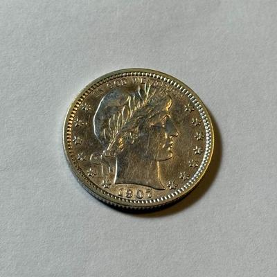 1907-P AU DETAILS CONDITION/CLEANED BARBER SILVER QUARTER DOLLAR AS PICTURED.