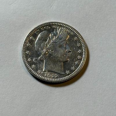 1912-P AU DETAILS CONDITION/CLEANED BARBER SILVER QUARTER DOLLAR AS PICTURED.
