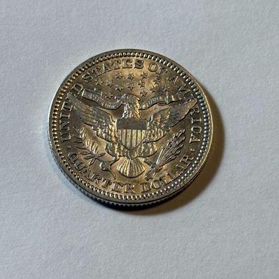 1914-P AU DETAILS CONDITION/CLEANED BARBER SILVER QUARTER DOLLAR AS PICTURED.
