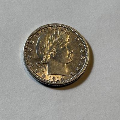 1914-P AU DETAILS CONDITION/CLEANED BARBER SILVER QUARTER DOLLAR AS PICTURED.
