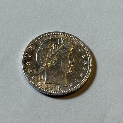 1915-P AU DETAILS CONDITION/CLEANED BARBER SILVER QUARTER DOLLAR AS PICTURED.