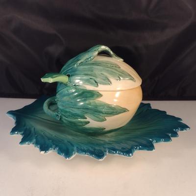 Hand Painted Italian Majolica Jam/Mustard Pot with Under Plate