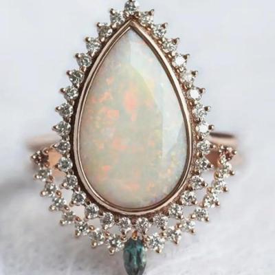 Vintage Pear Opal Halo Wedding Set Size
