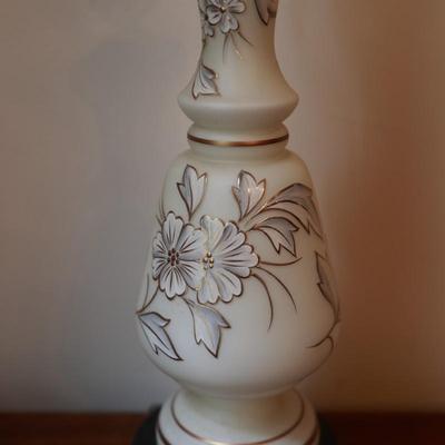 Satin Glass with Gold And White Floral Hand Painted Table Lamp