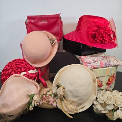 LOT 80: Variety of Ladies' Hats, Red Purse, and Ladies' Scarf