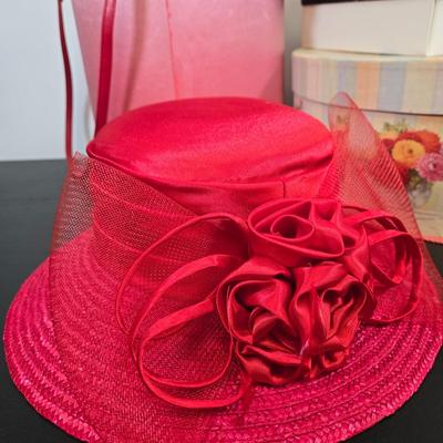 LOT 80: Variety of Ladies' Hats, Red Purse, and Ladies' Scarf