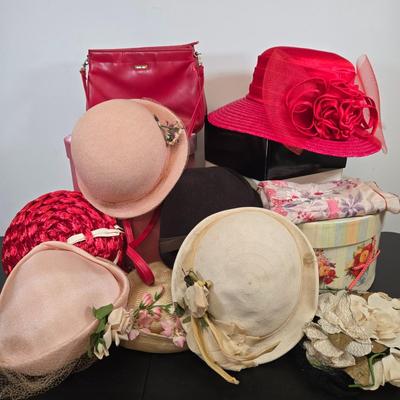 LOT 80: Variety of Ladies' Hats, Red Purse, and Ladies' Scarf