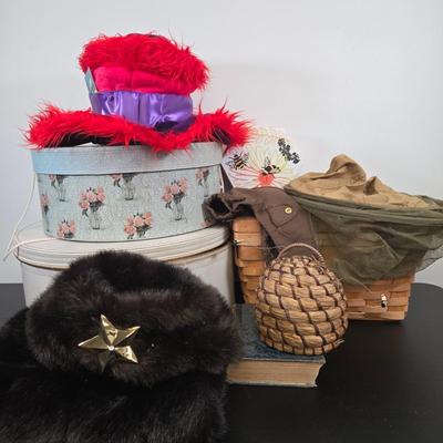 LOT 97: The Mad Hatter's Hat, Fur Hat and Hand Muff, and Bee Keeper's Necessities