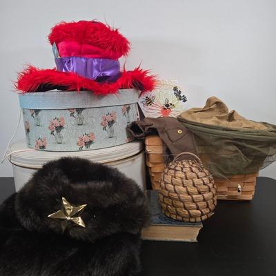 LOT 97: The Mad Hatter's Hat, Fur Hat and Hand Muff, and Bee Keeper's Necessities