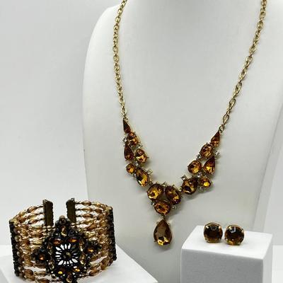 LOT 161J: Crystal Necklace and Earrings with a Faux Citrine Cuff Bracelet