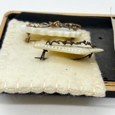 LOT 162J: Two Vintage Wire Wrapped Mother of Pearl "Mother" Pins and a Vintage Art Glass "Citrine" Rhinestone Brooch