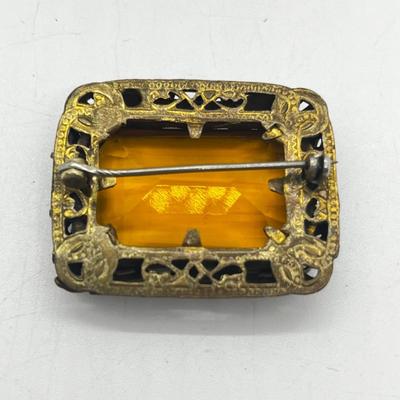 LOT 162J: Two Vintage Wire Wrapped Mother of Pearl "Mother" Pins and a Vintage Art Glass "Citrine" Rhinestone Brooch