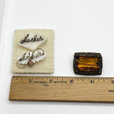 LOT 162J: Two Vintage Wire Wrapped Mother of Pearl "Mother" Pins and a Vintage Art Glass "Citrine" Rhinestone Brooch