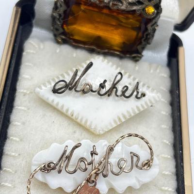 LOT 162J: Two Vintage Wire Wrapped Mother of Pearl "Mother" Pins and a Vintage Art Glass "Citrine" Rhinestone Brooch
