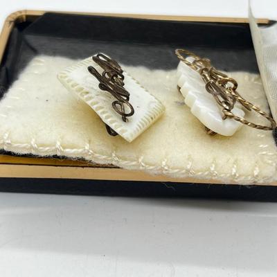 LOT 162J: Two Vintage Wire Wrapped Mother of Pearl "Mother" Pins and a Vintage Art Glass "Citrine" Rhinestone Brooch