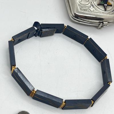LOT 177J: 14K Gold Filled Natural Stone Bracelet, Black and Gold Metal Bracelet, Eastern Star Compact, Pill Box and More