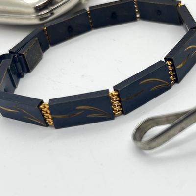 LOT 177J: 14K Gold Filled Natural Stone Bracelet, Black and Gold Metal Bracelet, Eastern Star Compact, Pill Box and More