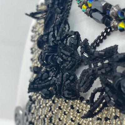 LOT: 180J: Vintage Seed Beaded Necklace, Black Lace Bead Necklace, Shoe Clips and More