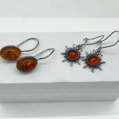 LOT 181J: Two Pairs Sterling Silver and Amber Pierced Earrings